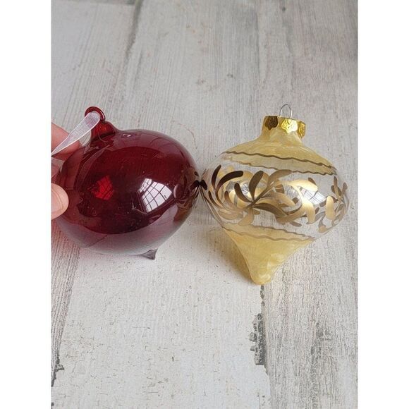 Blown glass pointed red gold trim set ornament Xmas mistletoe - Picture 5 of 6